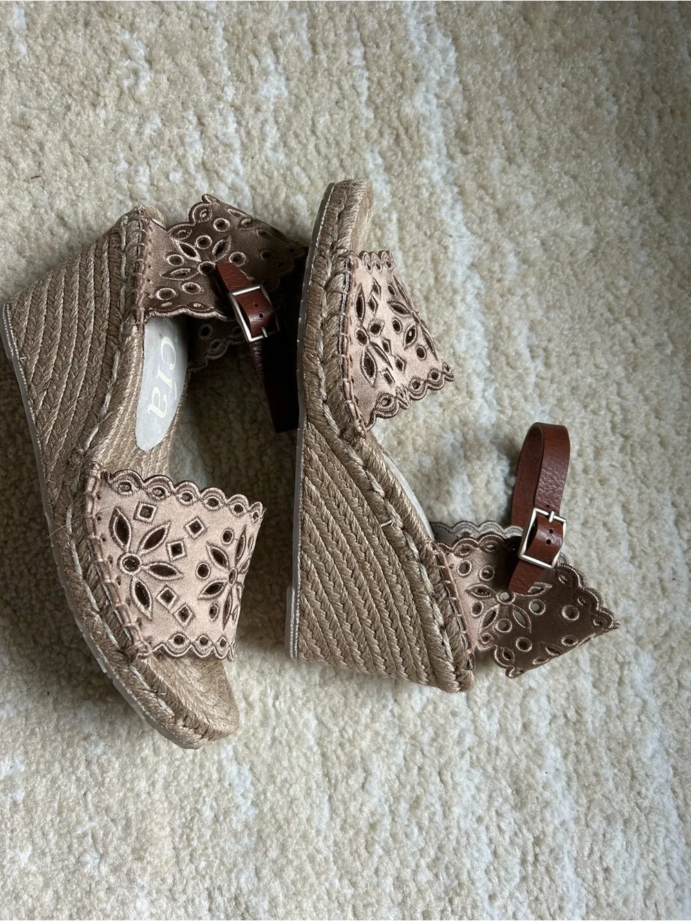 Pedro Garcia Orito Satin Eyelet Espadrille Wedge Sandals Taupe EU 38